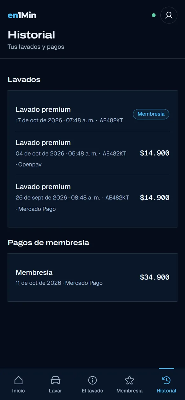 App del cliente, historial de lavados y pagos.