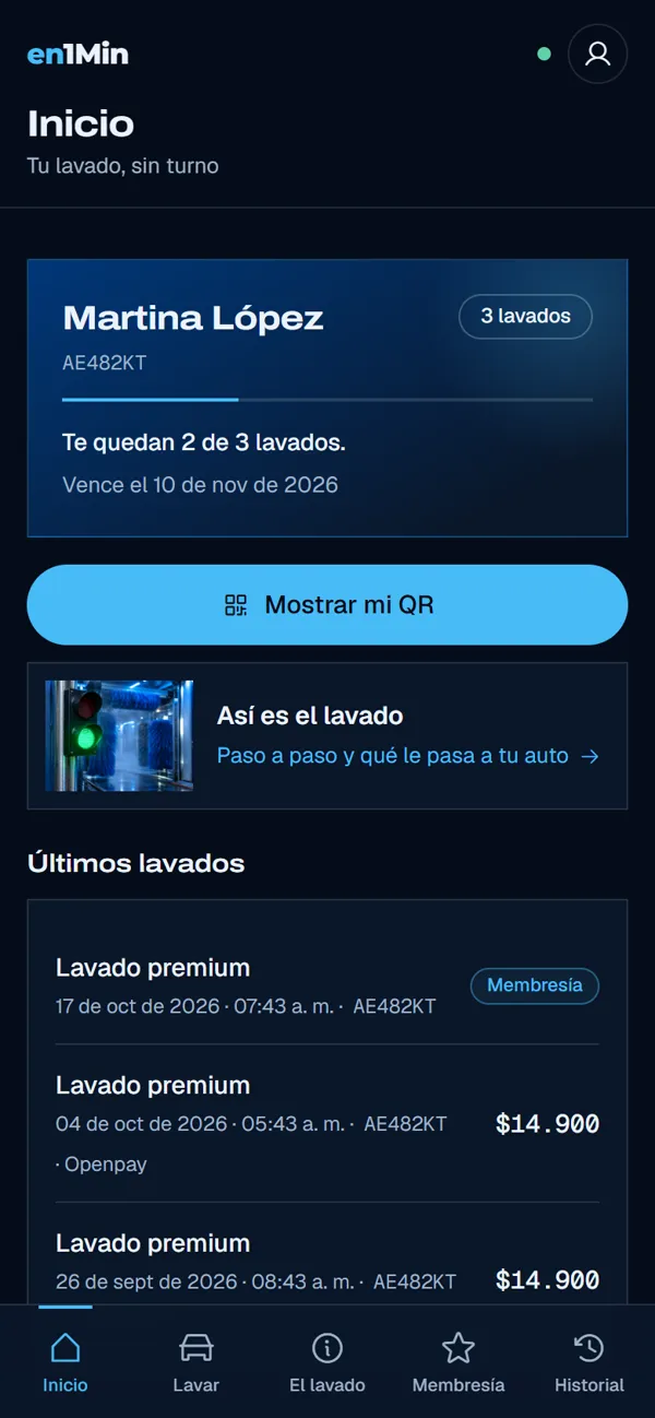 App del cliente, inicio: membresía de 3 lavados con 2 disponibles y últimos lavados.