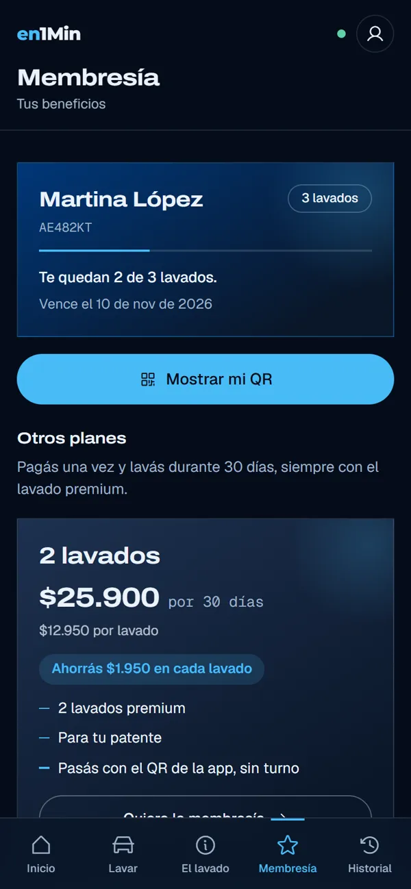 App del cliente, membresía: planes con precio por lavado y ahorro.
