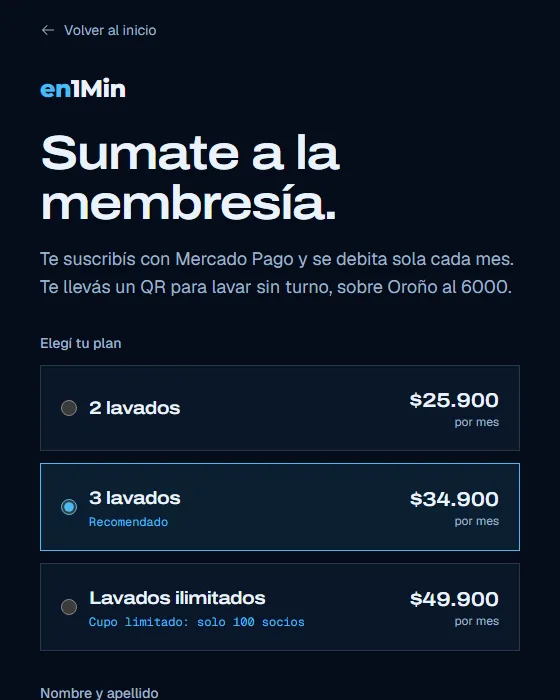 Página de membresía de en1Min con tres planes: 2 lavados, 3 lavados y lavados ilimitados.