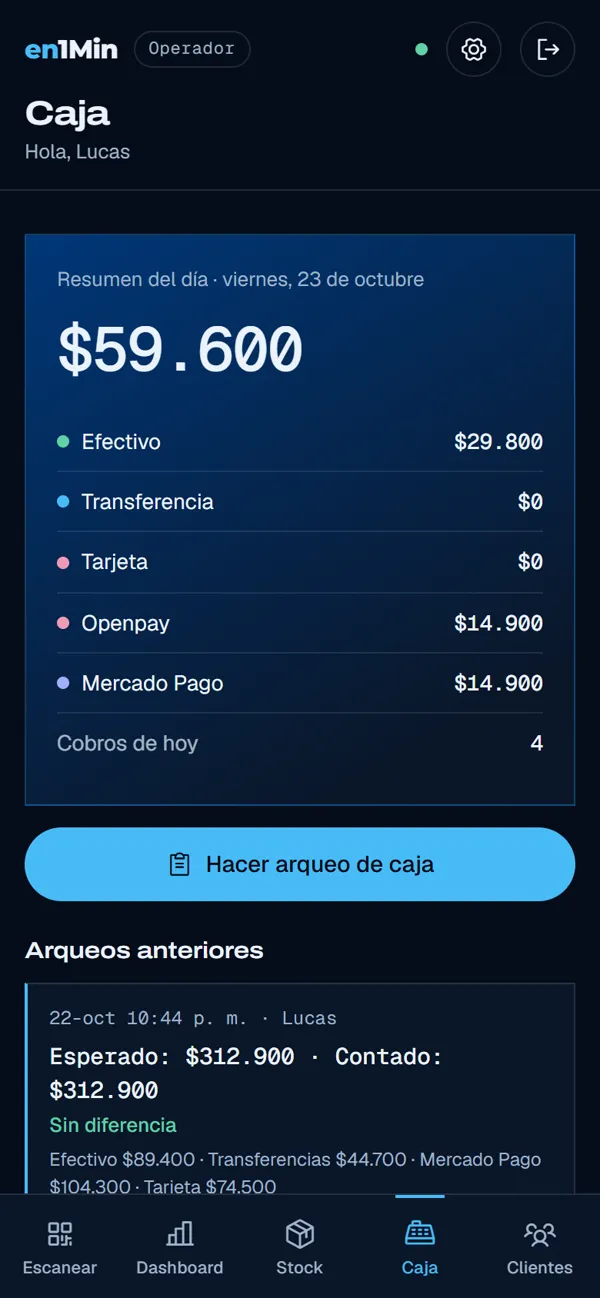App del operador, caja del día por medio de pago y arqueos anteriores.